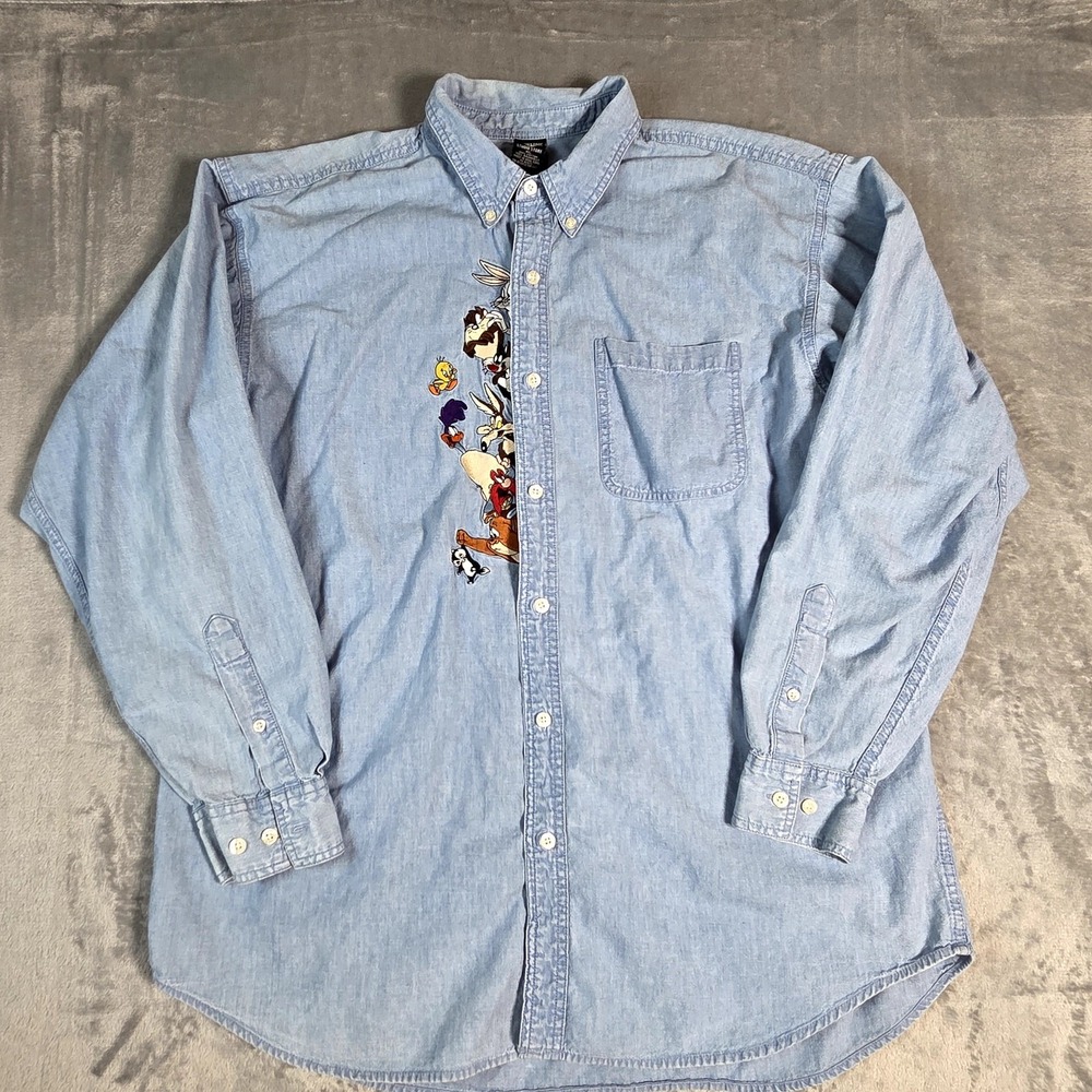 VTG‎ Wom. XL Looney Tunes Warner Bros Blue Jean lightweight L/S Button up